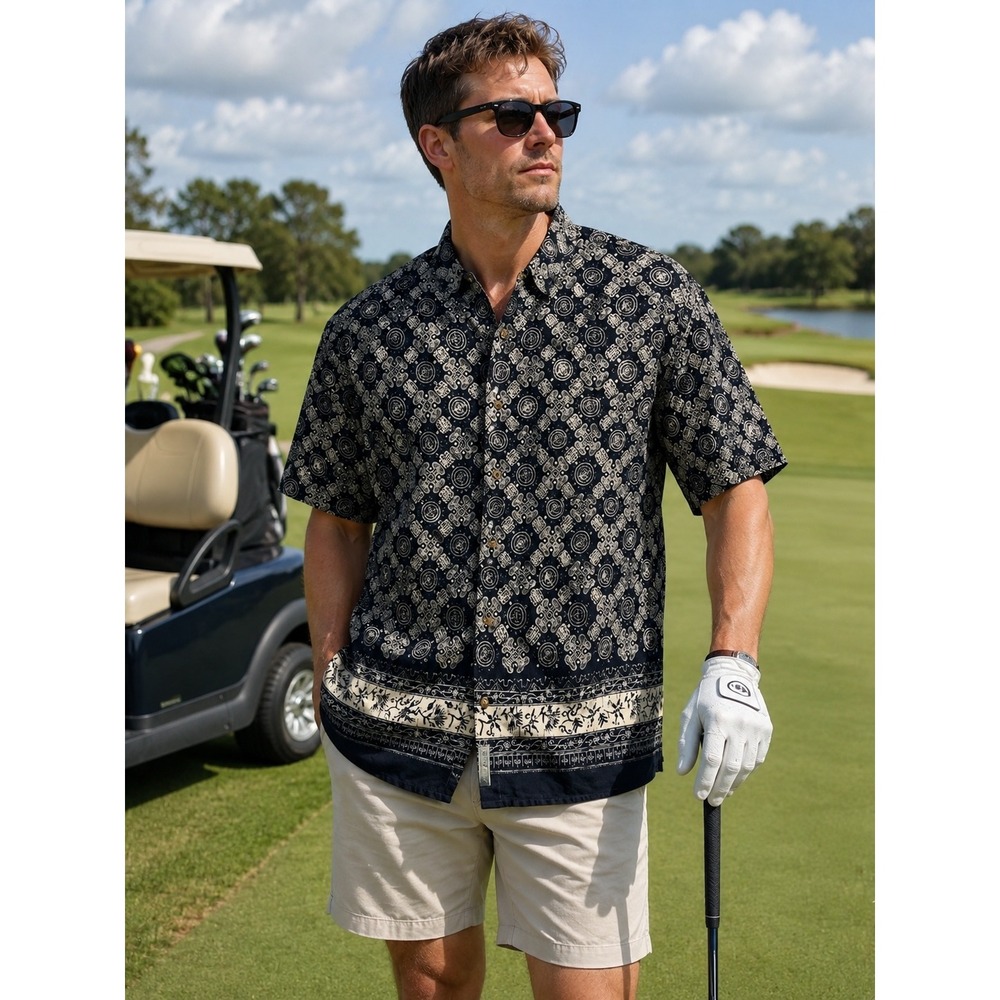 Vintage Nautica Mens XL Navy Blue Geometric Block Print Button Down Shirt Cotton